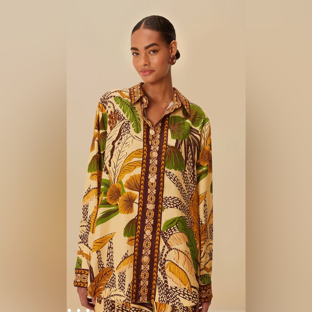Farm Rio Sand Foliage Print Top in Yellow and Green